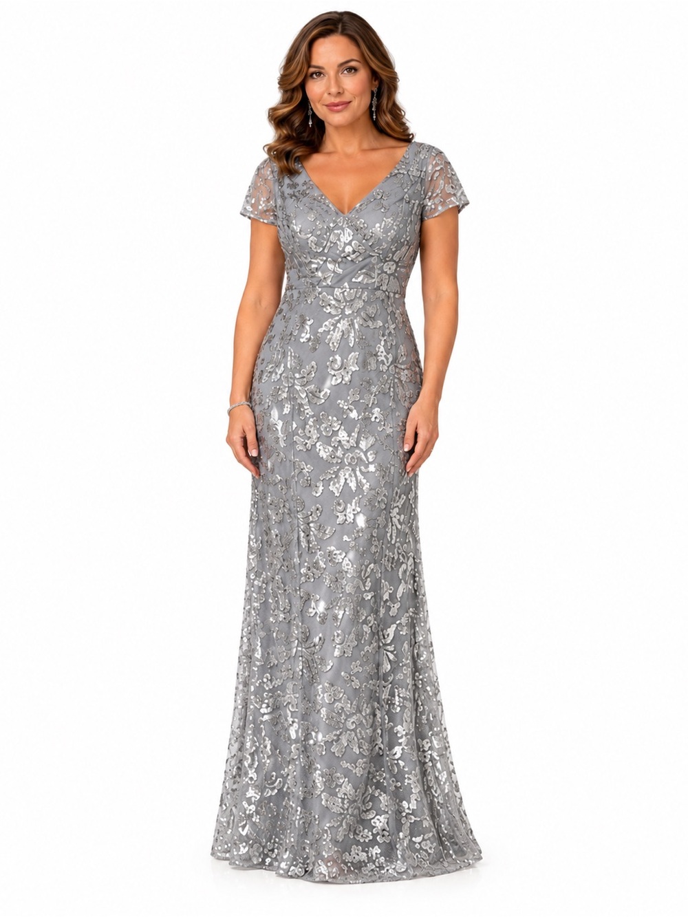 Silver Sequin Floral Mesh Formal Gown Size 10 NWT Wedding Guest